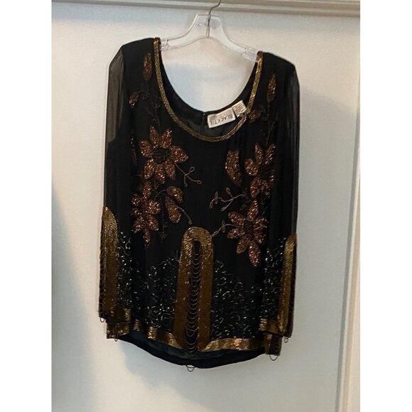 BLACK TIE BEADED SEQUIN EMBBELLISIED JEWELED SILK WOMEN'S STATEMENT  BLOUSE LG - Picture 11 of 16